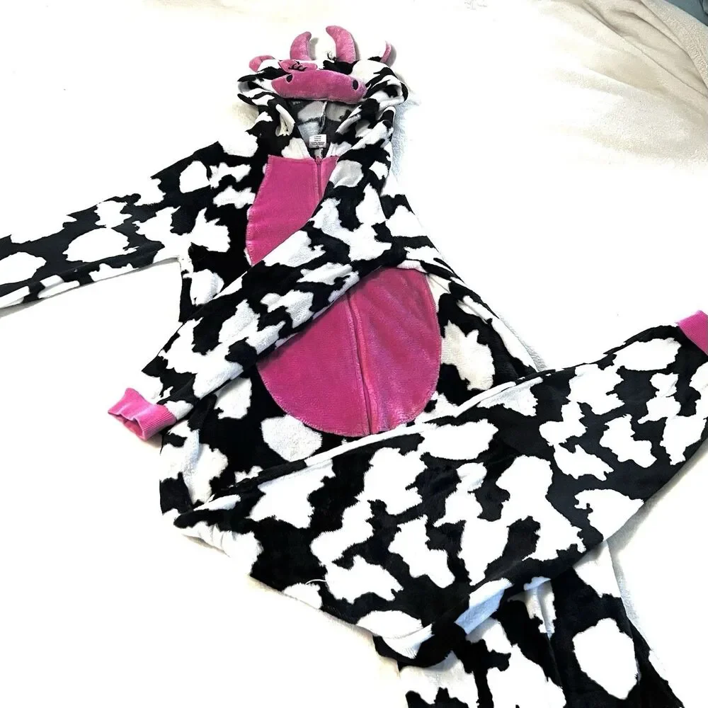 Hooded Cow Costume/Pajamas 1pc Zip Up Suit With Hood Size L